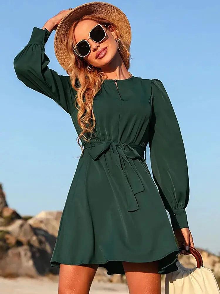 Spring Silk Satin Mini Dress - Elegant Long Sleeve Lace-Up Design for Women - MissyMays Elegance