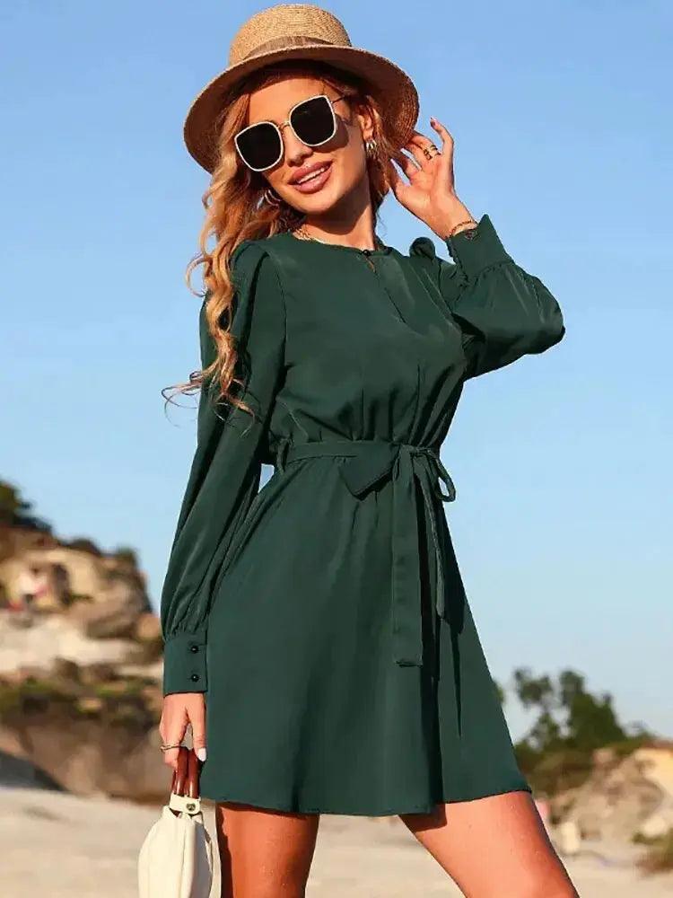 Spring Silk Satin Mini Dress - Elegant Long Sleeve Lace-Up Design for Women - MissyMays Elegance