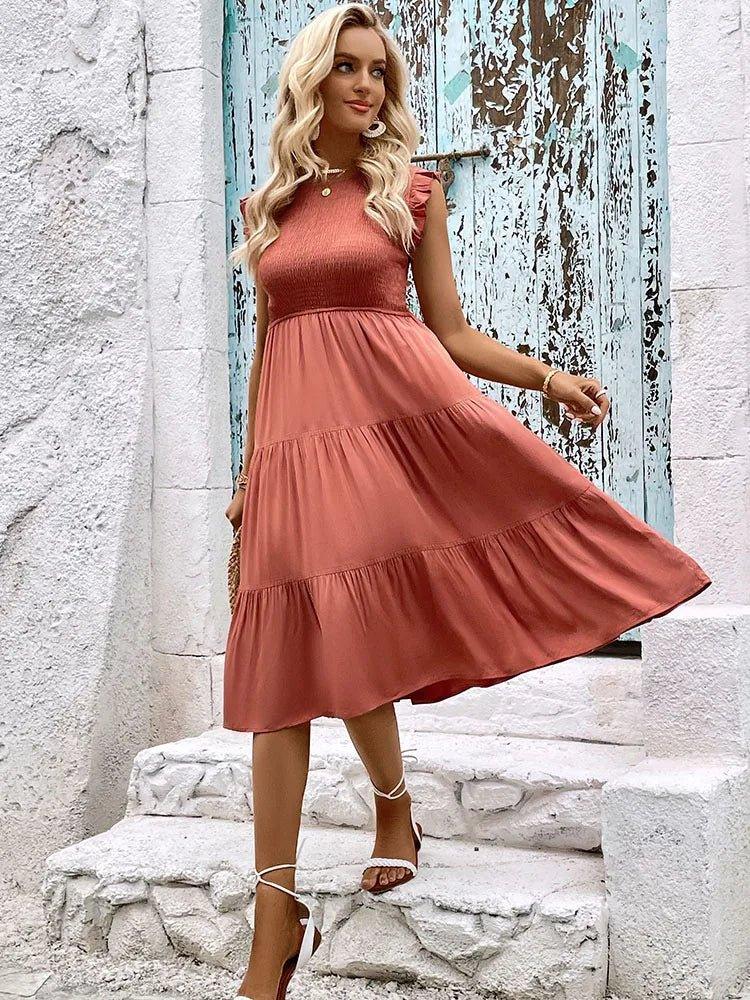 Strapless Pleated Summer Midi Dress - Halter Lace-Up Design for Beach Holidays - MissyMays Elegance