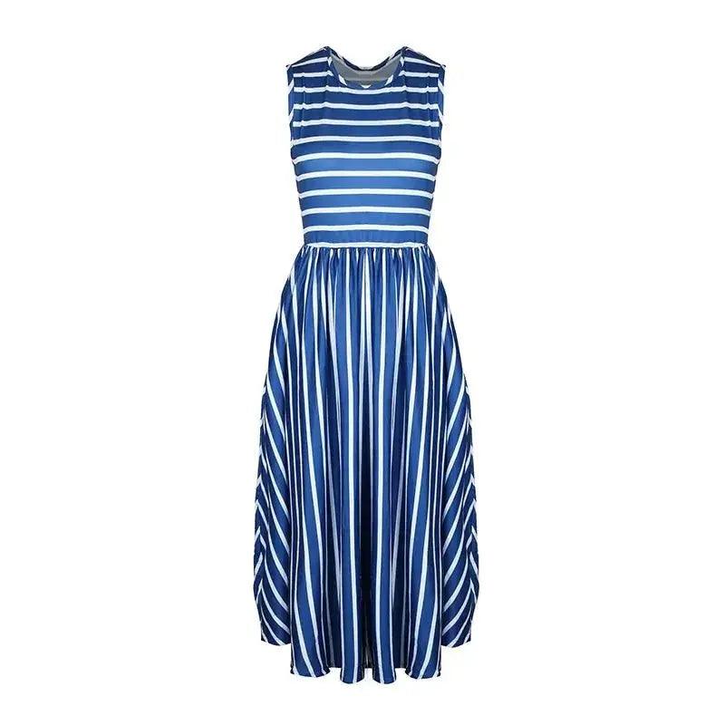 Striped Sleeveless Midi Beach Dress - Elegant O-Neck Casual Wear for Women - MissyMays Elegance