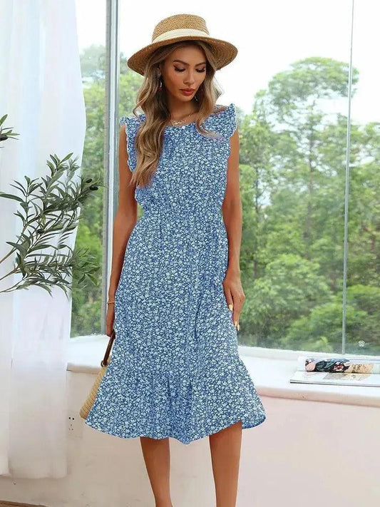 Summer Breeze: Women's Elegant Printed Ruffle Sleeve A-Line Midi Dress - Perfect for Beach and Casual Outings - MissyMays Elegance