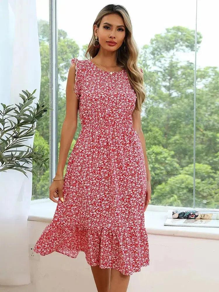 Summer Breeze: Women's Elegant Printed Ruffle Sleeve A-Line Midi Dress - Perfect for Beach and Casual Outings - MissyMays Elegance