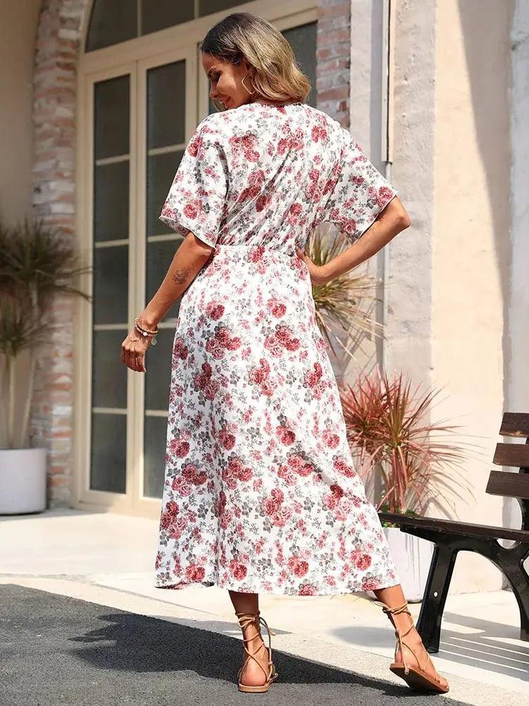 Summer Charm: Vintage Floral Printed V-Neck Midi Dress for Women - Ideal for Beach and Casual Outdoor Events - MissyMays Elegance