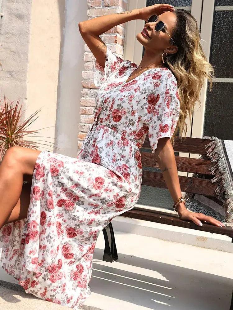 Summer Charm: Vintage Floral Printed V-Neck Midi Dress for Women - Ideal for Beach and Casual Outdoor Events - MissyMays Elegance
