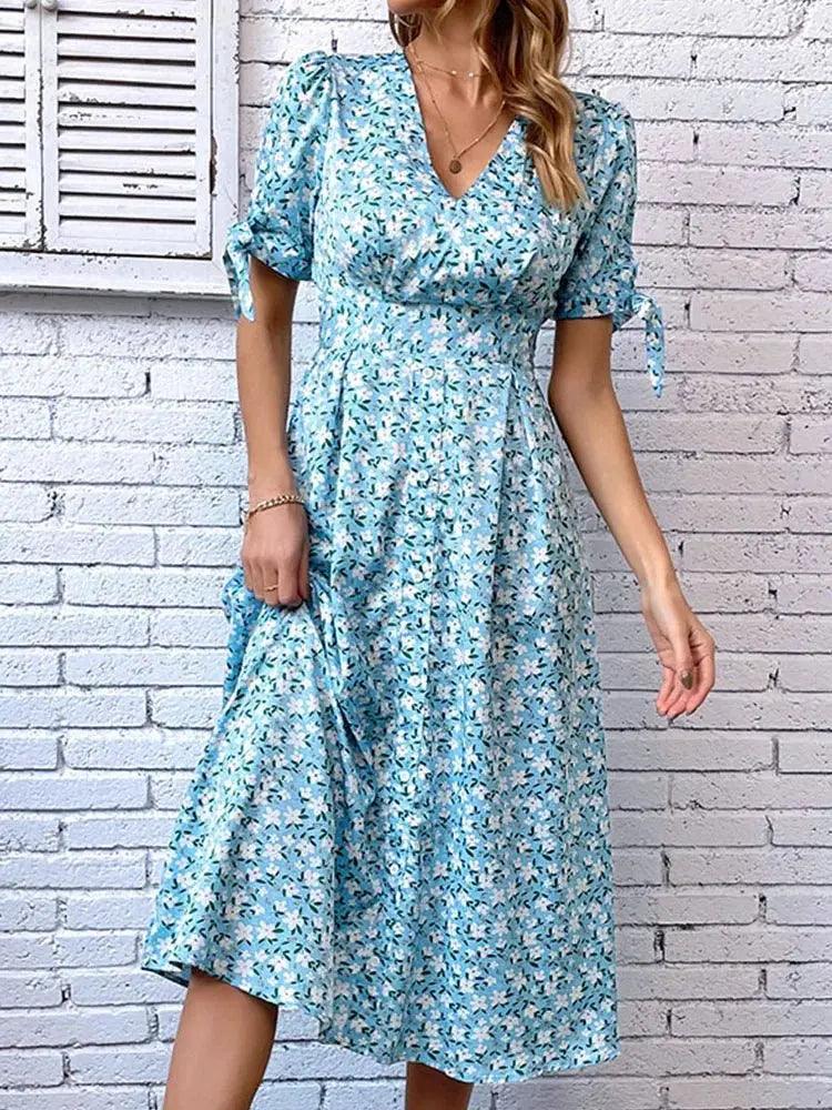 Summer Floral V Neck Midi Dress - Elegant Short Sleeve A-Line Beach Vestidos - MissyMays Elegance