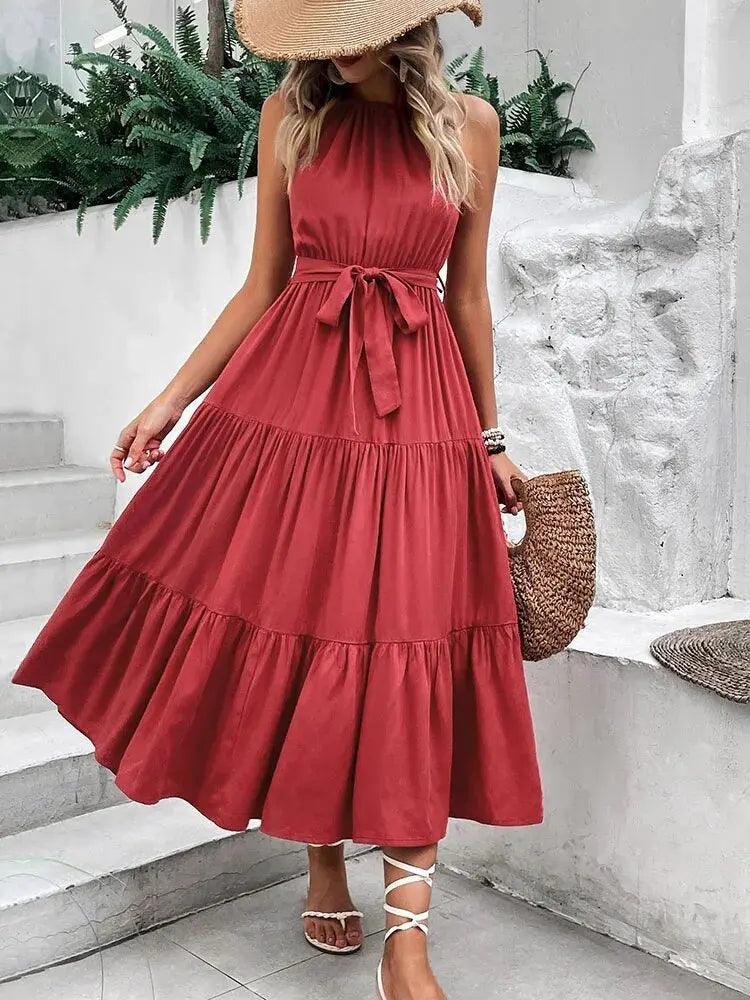 Summer Halter Neck A-Line Dress - Chic Spaghetti Strap Pleated Design - MissyMays Elegance