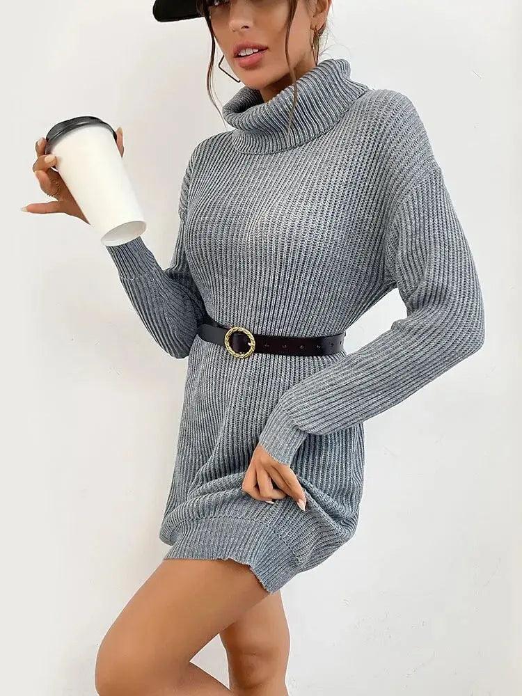 Turtleneck Knit Sweater Dress - Women's Long Sleeve Autumn Mini - MissyMays Elegance
