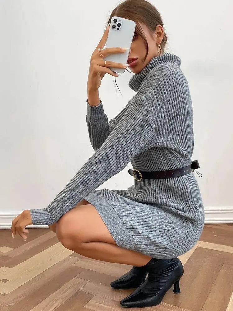 Turtleneck Knit Sweater Dress - Women's Long Sleeve Autumn Mini - MissyMays Elegance