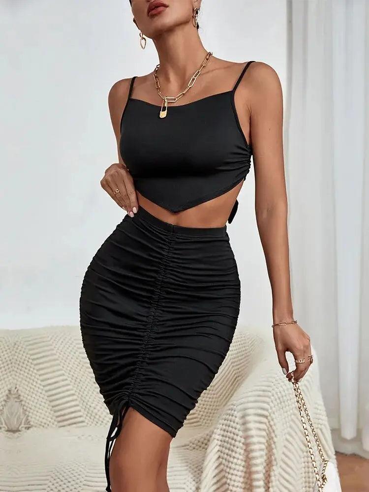 Two Piece Set Sleeveless Crop Top Women Summer Spaghetti Strap Bodycon Wrap Mini Skirt Club Outfit Holiday Party - MissyMays Elegance