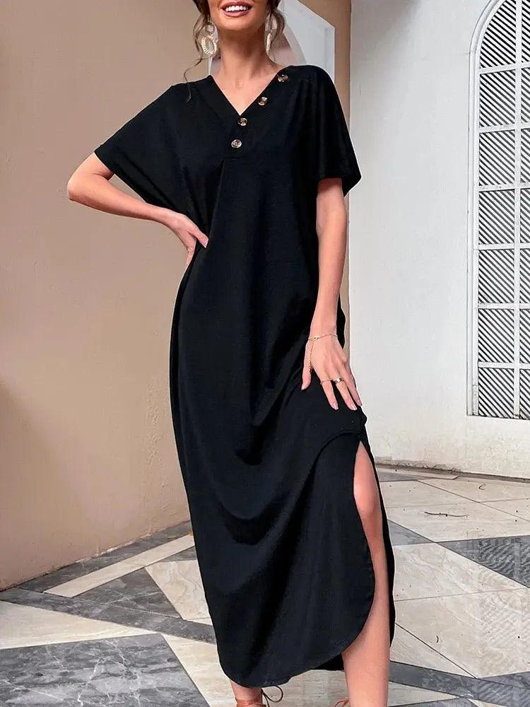 V Neck Black Maxi Beach Dress - Casual Loose Short Sleeve Summer Sundress - MissyMays Elegance