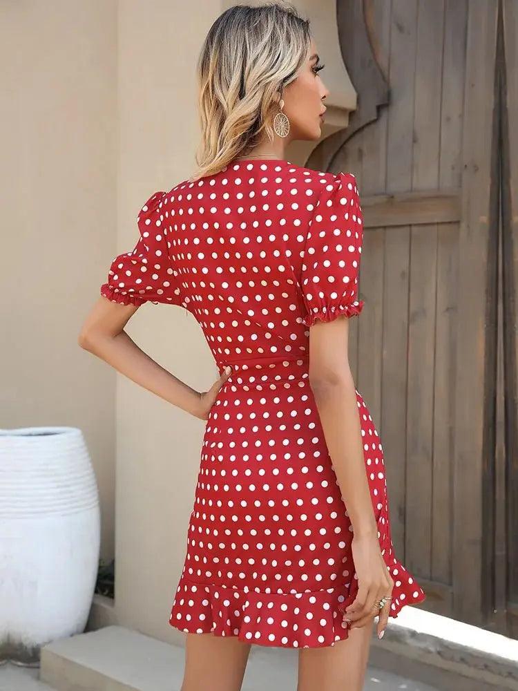 V Neck Dot Print Mini Sundress - Women's Slim Fit Irregular Hem Design for Summer Beach and Parties - MissyMays Elegance