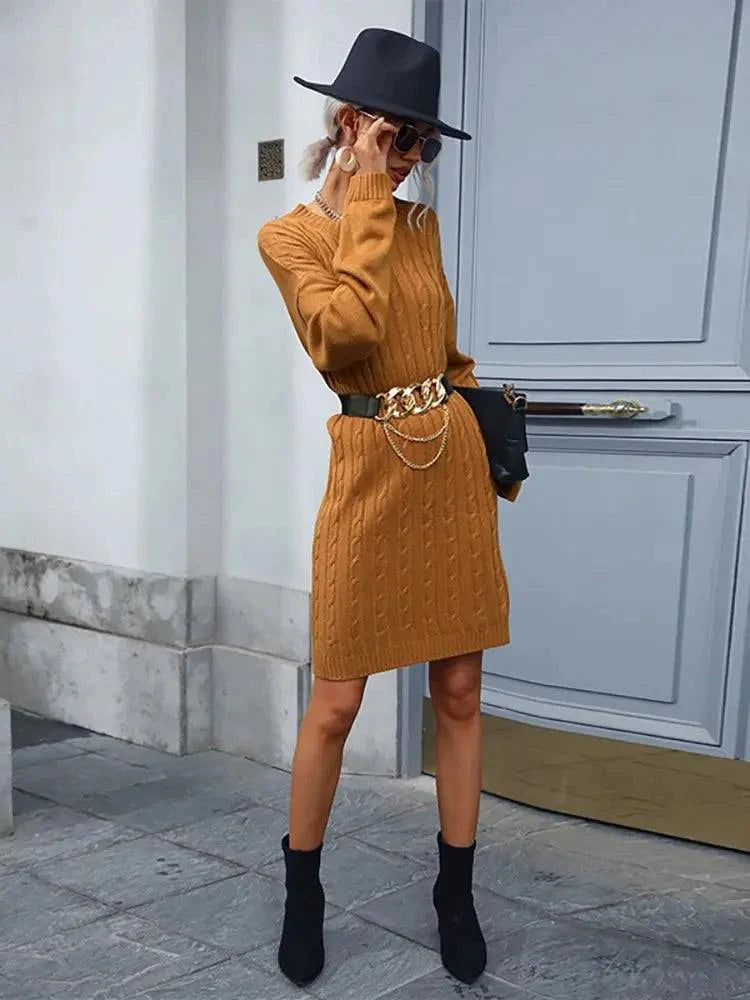 V-Neck Knit Mini Dress - Fashionable Full Sleeve Autumn/Winter Dress for Women - MissyMays Elegance