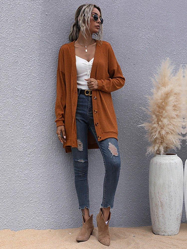 V-Neck Long Cardigan Coat - Women's Casual Knitted Sweater for Autumn/Winter - MissyMays Elegance