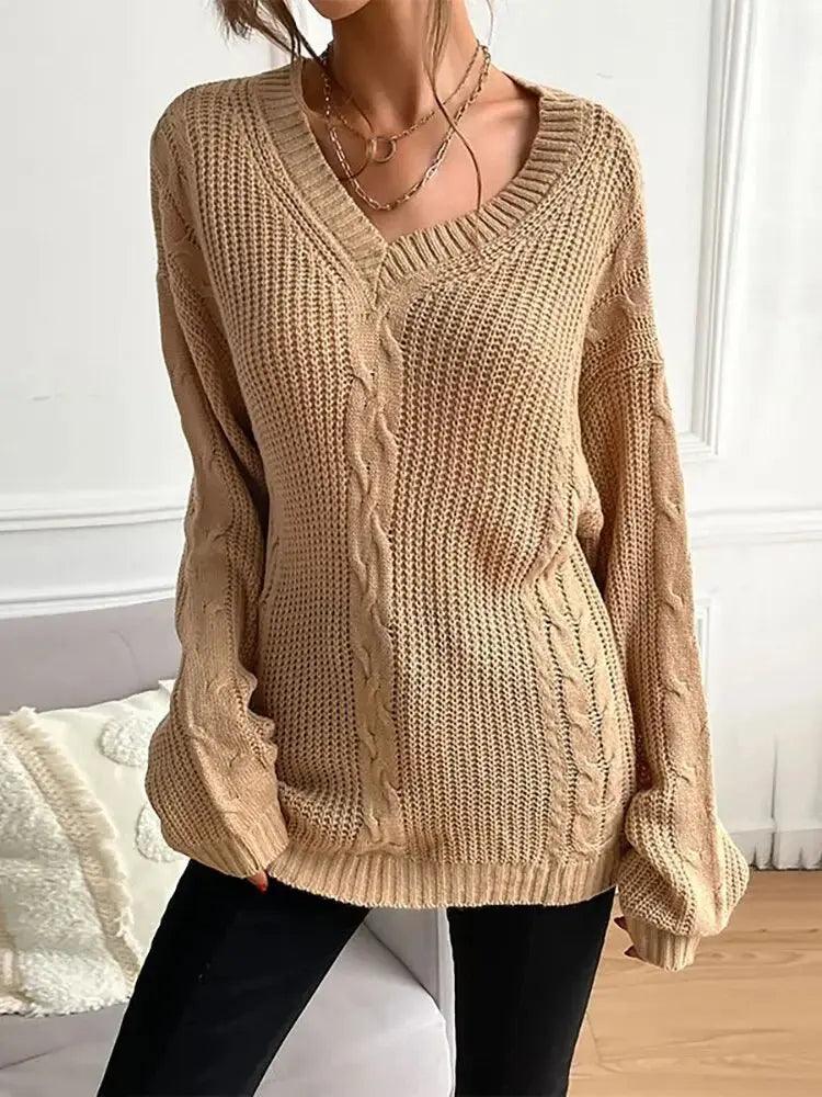 V-Neck Slouchy Winter Sweater - Women's Casual European American Style - MissyMays Elegance