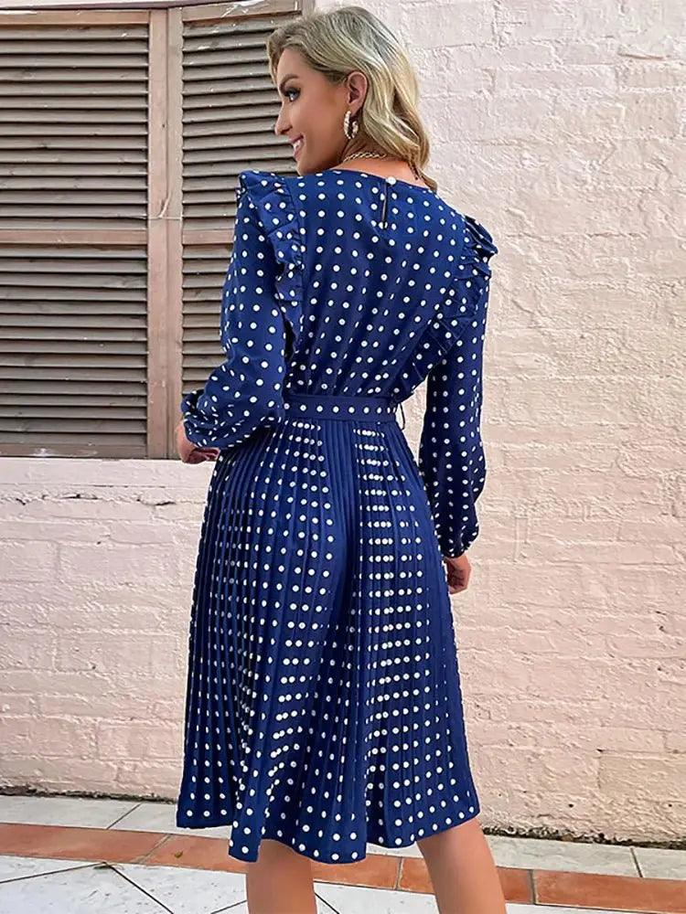 Vintage Dot Print Mini Dress - Ladies' Casual O Neck High Waist with Slim Ruffles for Spring and Autumn - MissyMays Elegance