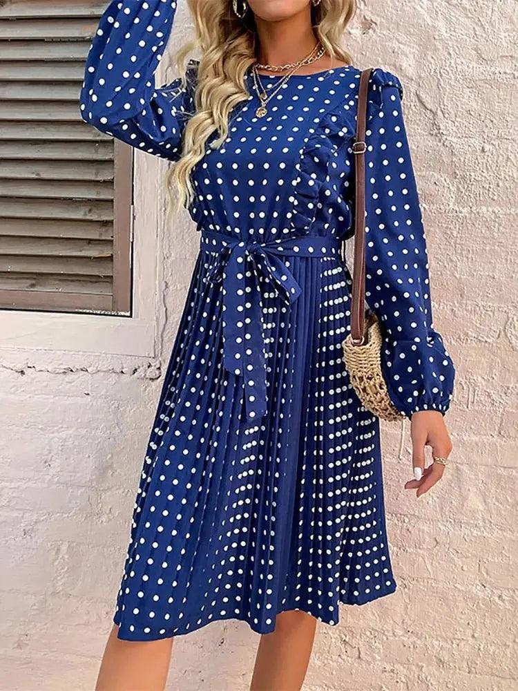 Vintage Dot Print Mini Dress - Ladies' Casual O Neck High Waist with Slim Ruffles for Spring and Autumn - MissyMays Elegance