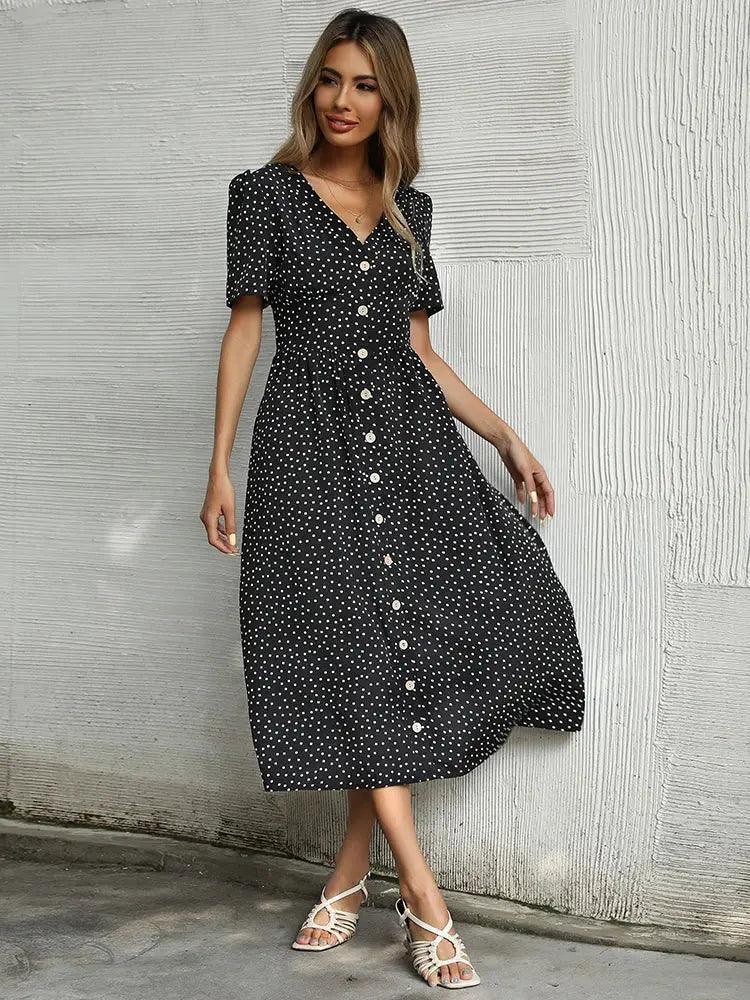 Vintage Dot V Neck Mid Dress - Bohemian Style Short Sleeve Summer Fashion for Women - MissyMays Elegance