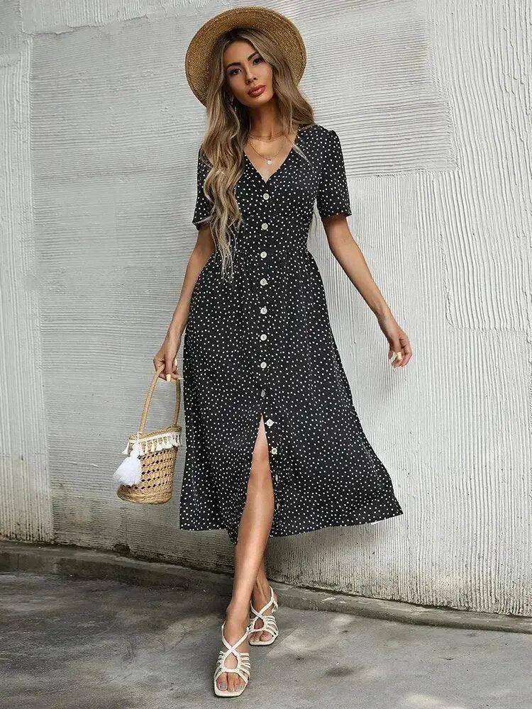 Vintage Dot V Neck Mid Dress - Bohemian Style Short Sleeve Summer Fashion for Women - MissyMays Elegance