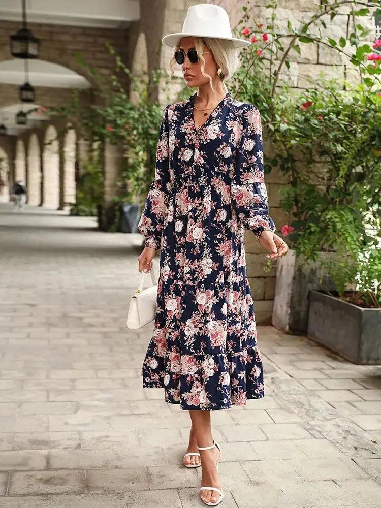 Vintage Floral Midi Dress - Elegant Long Sleeve V-Neck for Women - MissyMays Elegance