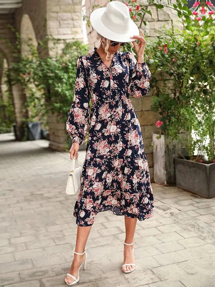 Vintage Floral Midi Dress - Elegant Long Sleeve V-Neck for Women - MissyMays Elegance