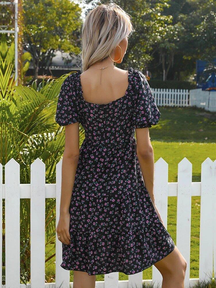 Vintage Floral Puff Sleeve Mini Dress - Slim Fit for Summer Beach Holidays - MissyMays Elegance