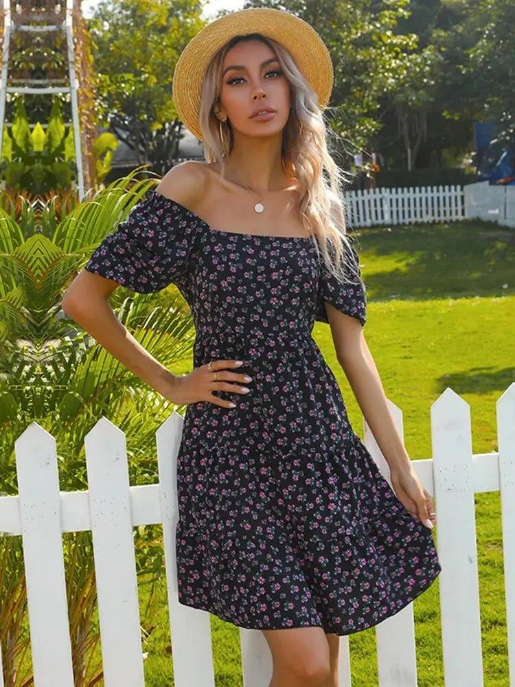Vintage Floral Puff Sleeve Mini Dress - Slim Fit for Summer Beach Holidays - MissyMays Elegance