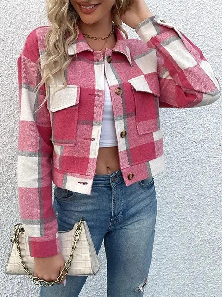 Winter Plaid Shirts Blouses Women's Retro Lapel Loose Slim Casual Cropped Jacket Lady Cardigan Long Sleeve Outerwear - MissyMays Elegance