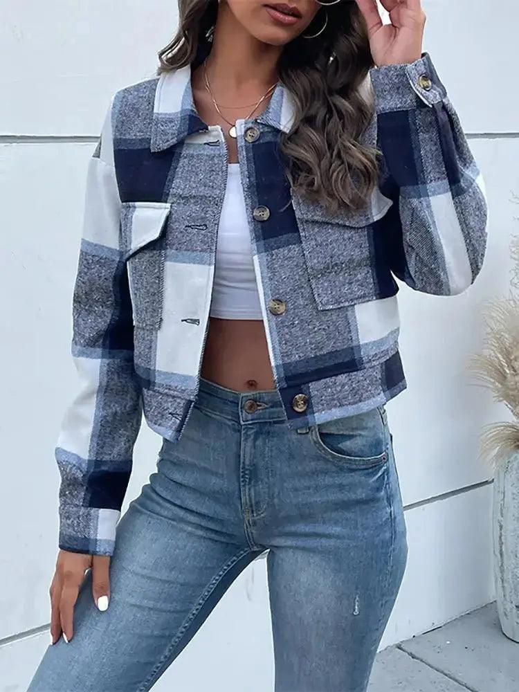 Winter Plaid Shirts Blouses Women's Retro Lapel Loose Slim Casual Cropped Jacket Lady Cardigan Long Sleeve Outerwear - MissyMays Elegance