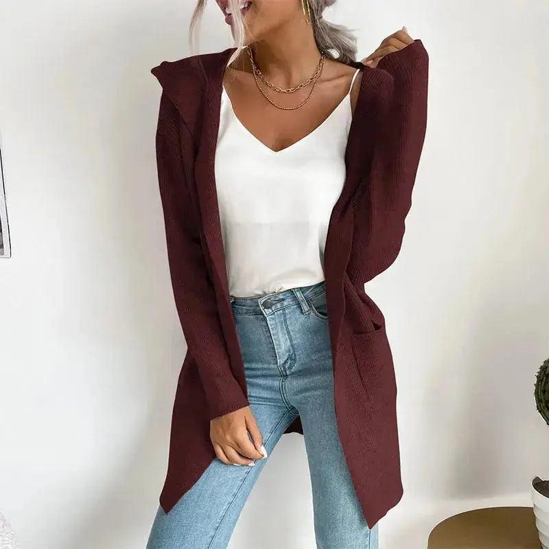 Women Autumn Long Sleeve Knit Hooded Cardigan Casual Solid Colour Pocket Ourdoor Warmer Tops Hoodies Coat Fashion Y2K - MissyMays Elegance