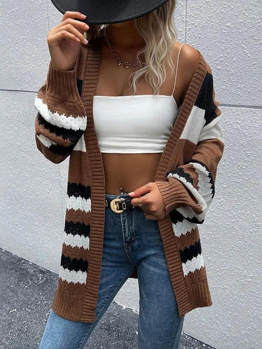 Women Autumn Long Sleeve Patchwork Solid Colour Knit Cardigan Long Sweater Coat Fashion Outdoor Warm Ladies Casual - MissyMays Elegance