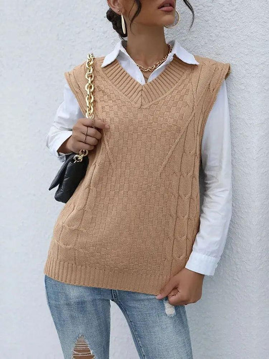 Women Fashion Autumn Knit Sweater Vest Loose Sleeveless Solid Colour V Neck Pullover Tops Casual Oversize Office Wear - MissyMays Elegance