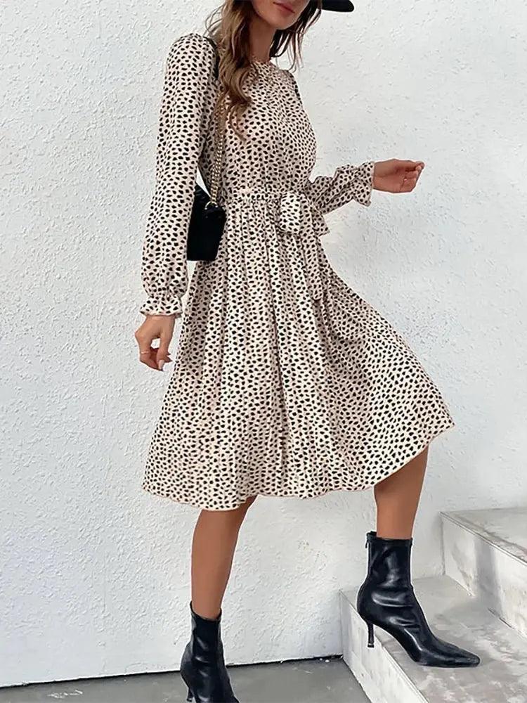 Women's Lace-up Skirt Flared Pleated Leopard Print Fashion Long Sleeved Elegant Dress Party Gown - MissyMays Elegance