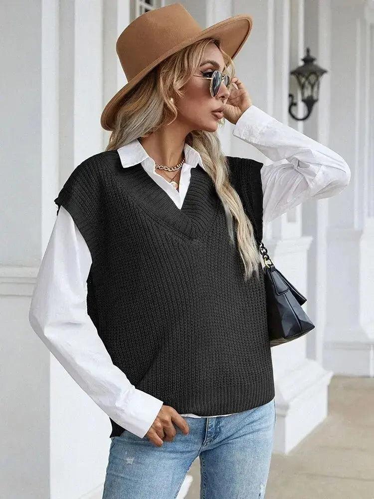 Women Solid Colour Sleeveless V Neck Loose Knit Sweater Vest Ladies Casual Autumn Pullover Tops Warmer Oversize - MissyMays Elegance
