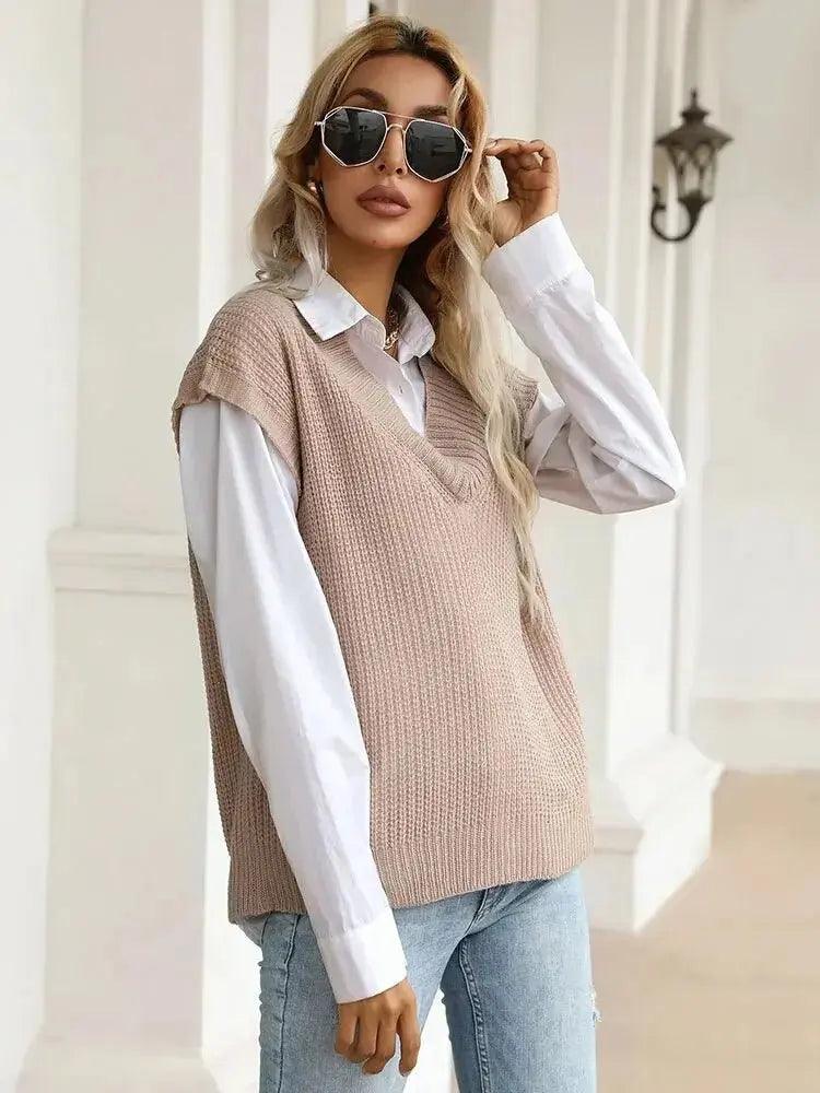 Women Solid Colour Sleeveless V Neck Loose Knit Sweater Vest Ladies Casual Autumn Pullover Tops Warmer Oversize - MissyMays Elegance