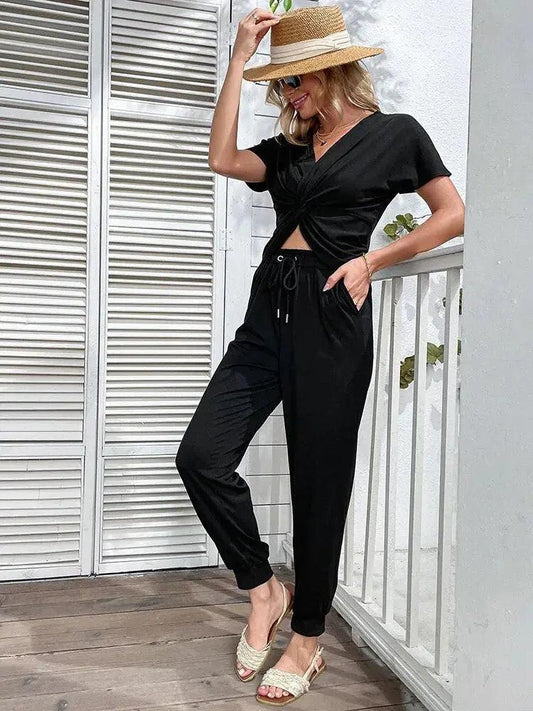Women Two Pieces Set Outfits Cropped Short Sleeve T Shirt and Long Pants Tracksuits Sportwear Female Girls - MissyMays Elegance
