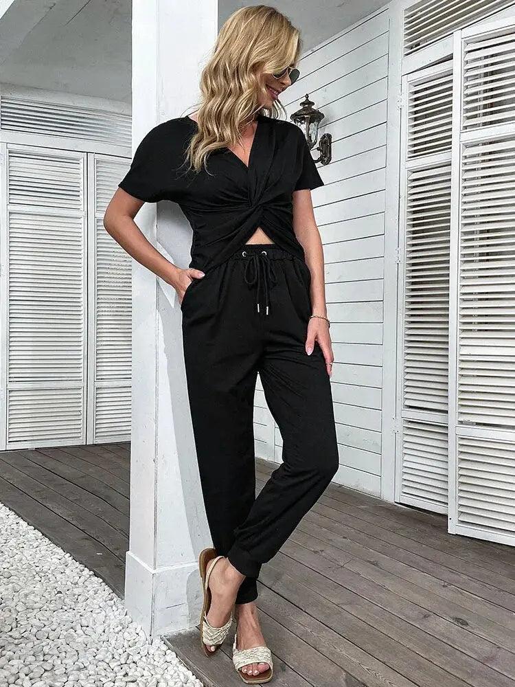 Women Two Pieces Set Outfits Cropped Short Sleeve T Shirt and Long Pants Tracksuits Sportwear Female Girls - MissyMays Elegance