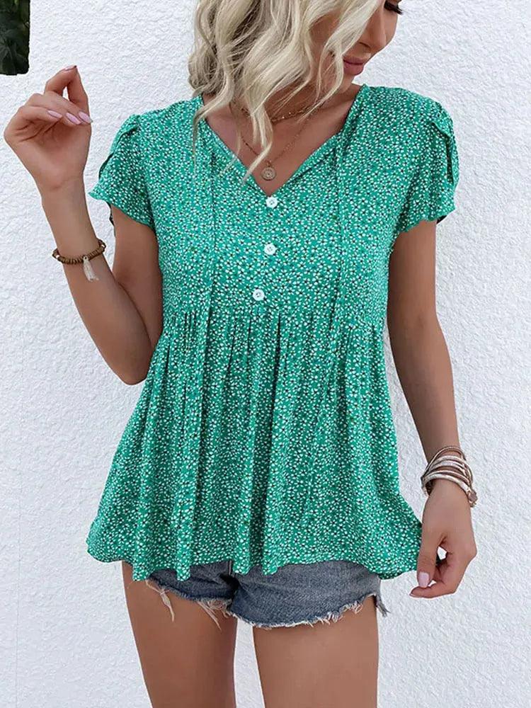 Womens Casual Floral Short Sleeve Loose T-Shirts Button Pleated Tunic Tops V-Neck Female Pullover Vintage Blouses - MissyMays Elegance