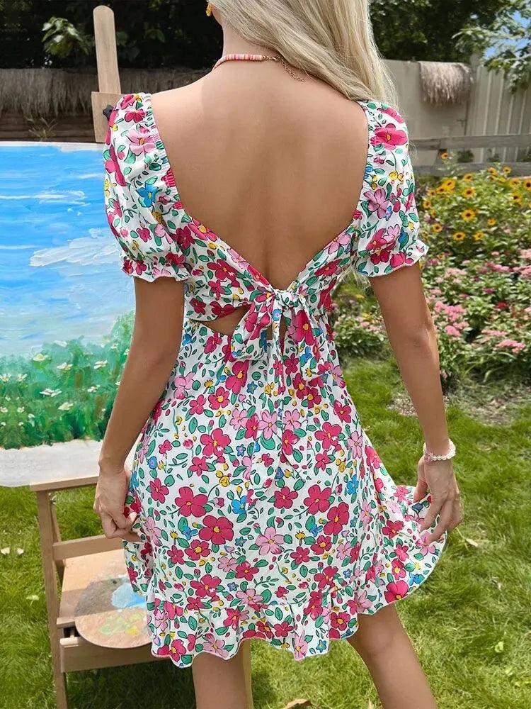 Y2K Floral Backless Mini Dress - V Neck Short Sleeve Summer Style - MissyMays Elegance