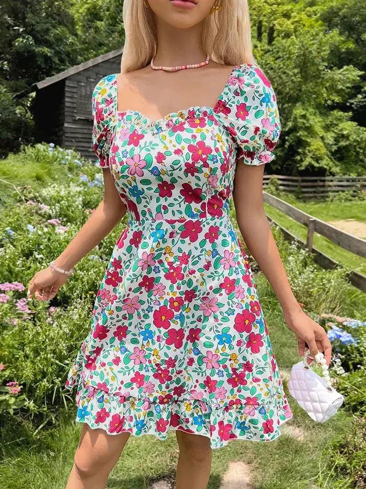 Y2K Floral Backless Mini Dress - V Neck Short Sleeve Summer Style - MissyMays Elegance