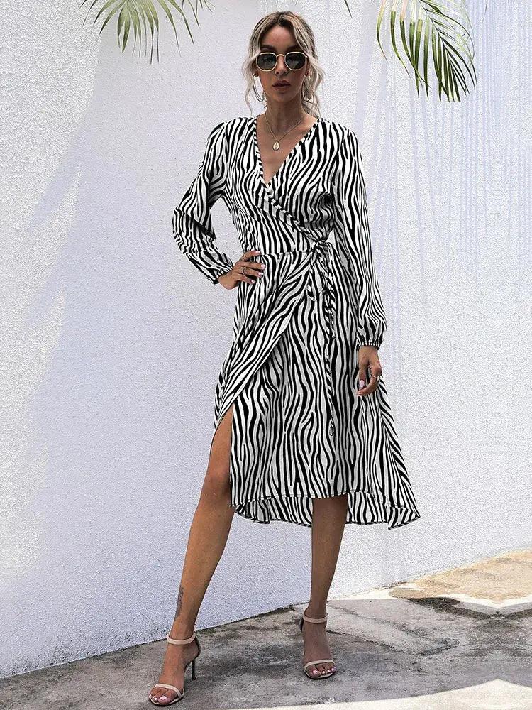 Zebra Stripe V Neck Midi Dress - Women's Spring Summer Casual Long Sleeve Tunic - MissyMays Elegance