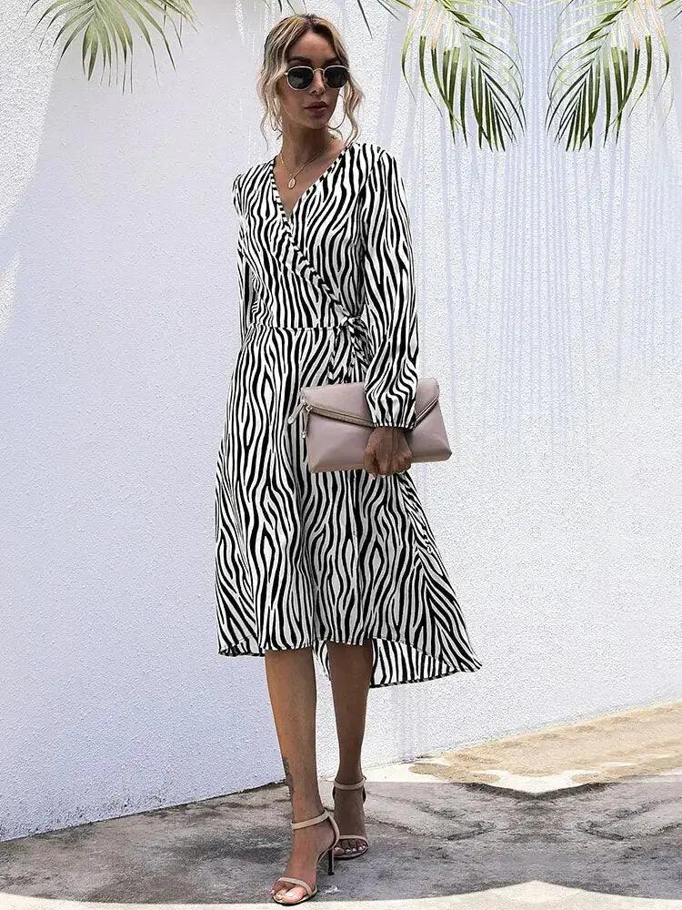 Zebra Stripe V Neck Midi Dress - Women's Spring Summer Casual Long Sleeve Tunic - MissyMays Elegance